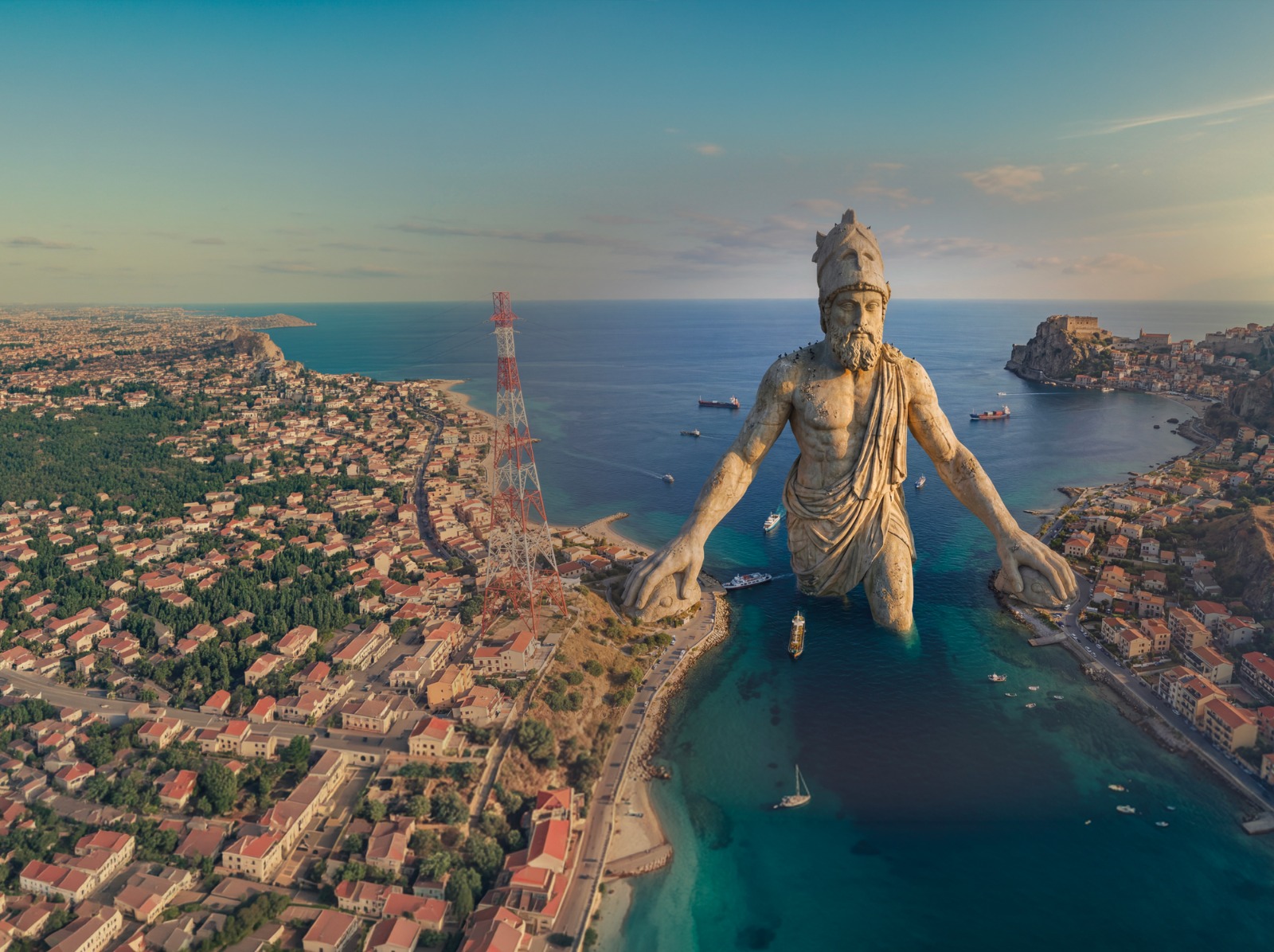 The statue of Anaxilas emerging from the sea at sunset